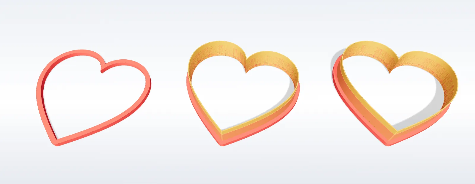 The same heart cutter with the base flange, the full outer wall, and the inner lip added in turn