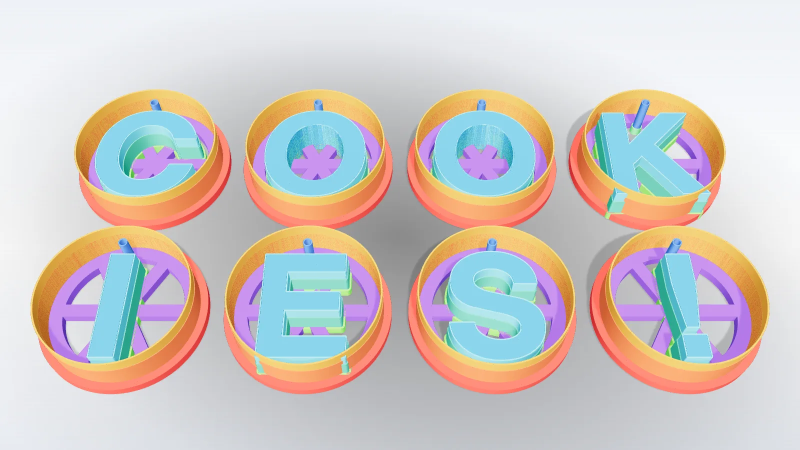Eight letter cutters spelling COOKIES!, each glyph braced inside its own round wall
