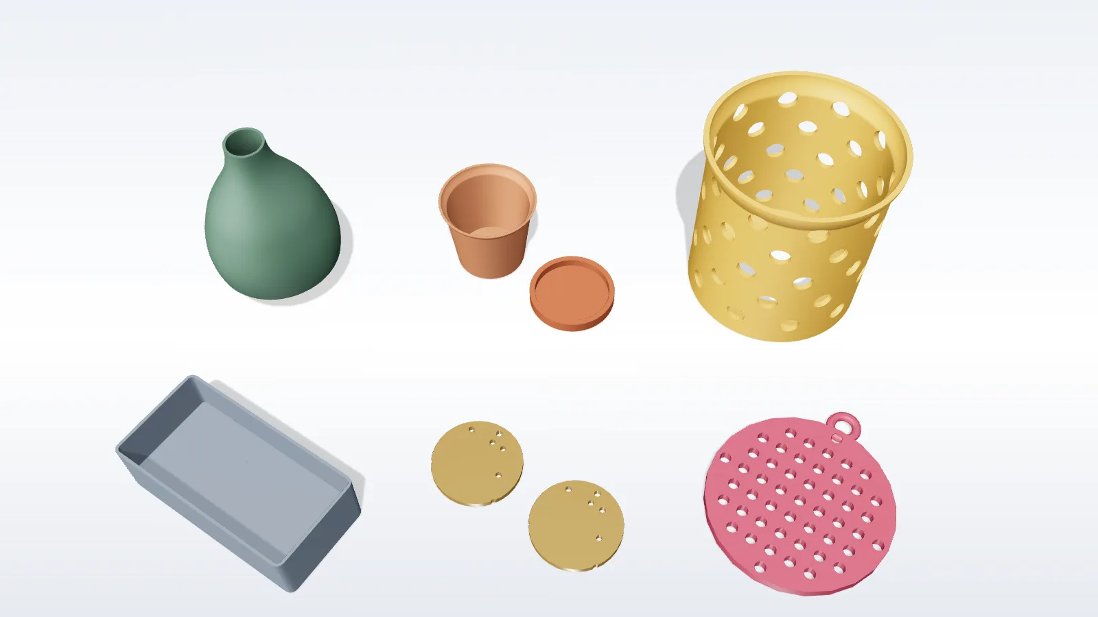 Six generated 3D objects: a vase, a planter with saucer, a lantern, a gridfinity bin, jewellery blanks and an ornament