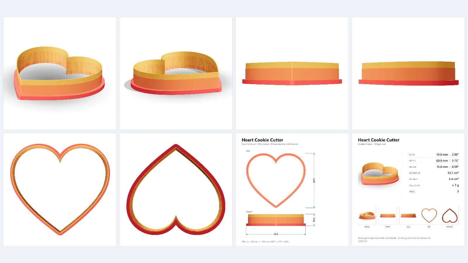 The eight images from one Product shots download: six renders, a dimension drawing and a spec sheet