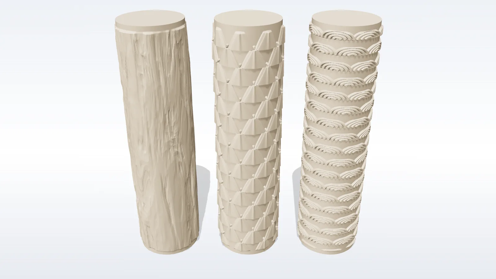 Three texture rollers showing bark, dragon scale, and seigaiha wave patterns