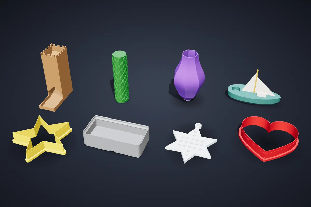 Un mix di design della community: formine, un rullo, un vaso, una barca e altro