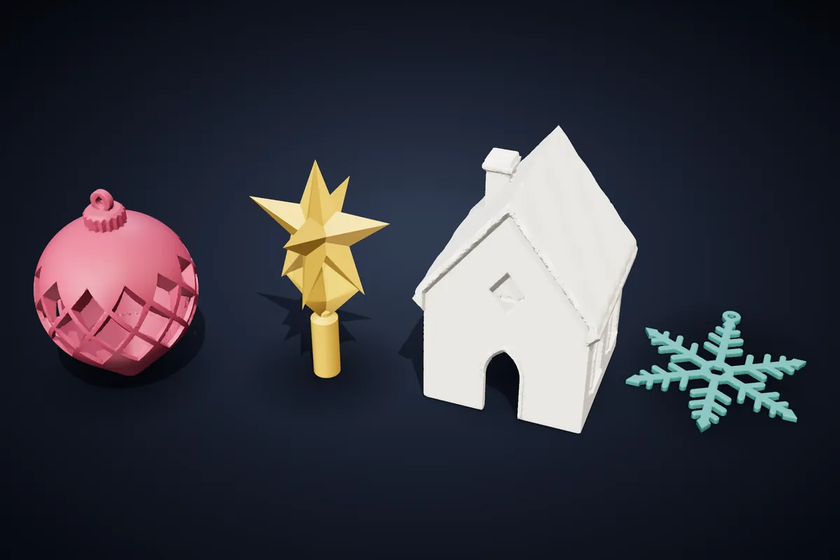 鏤空聖誕球、3D 星星樹頂、村莊小屋和雪花吊飾