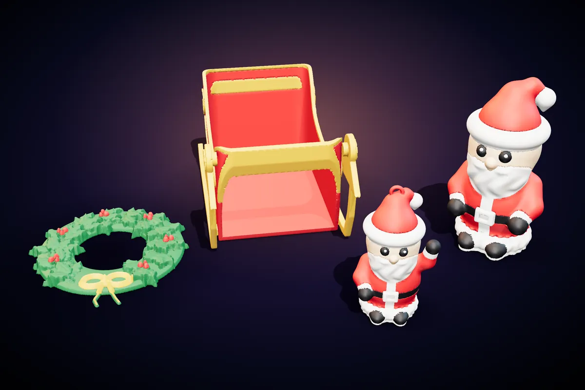 A red candy sleigh, two Santa figures and a green holly wreath