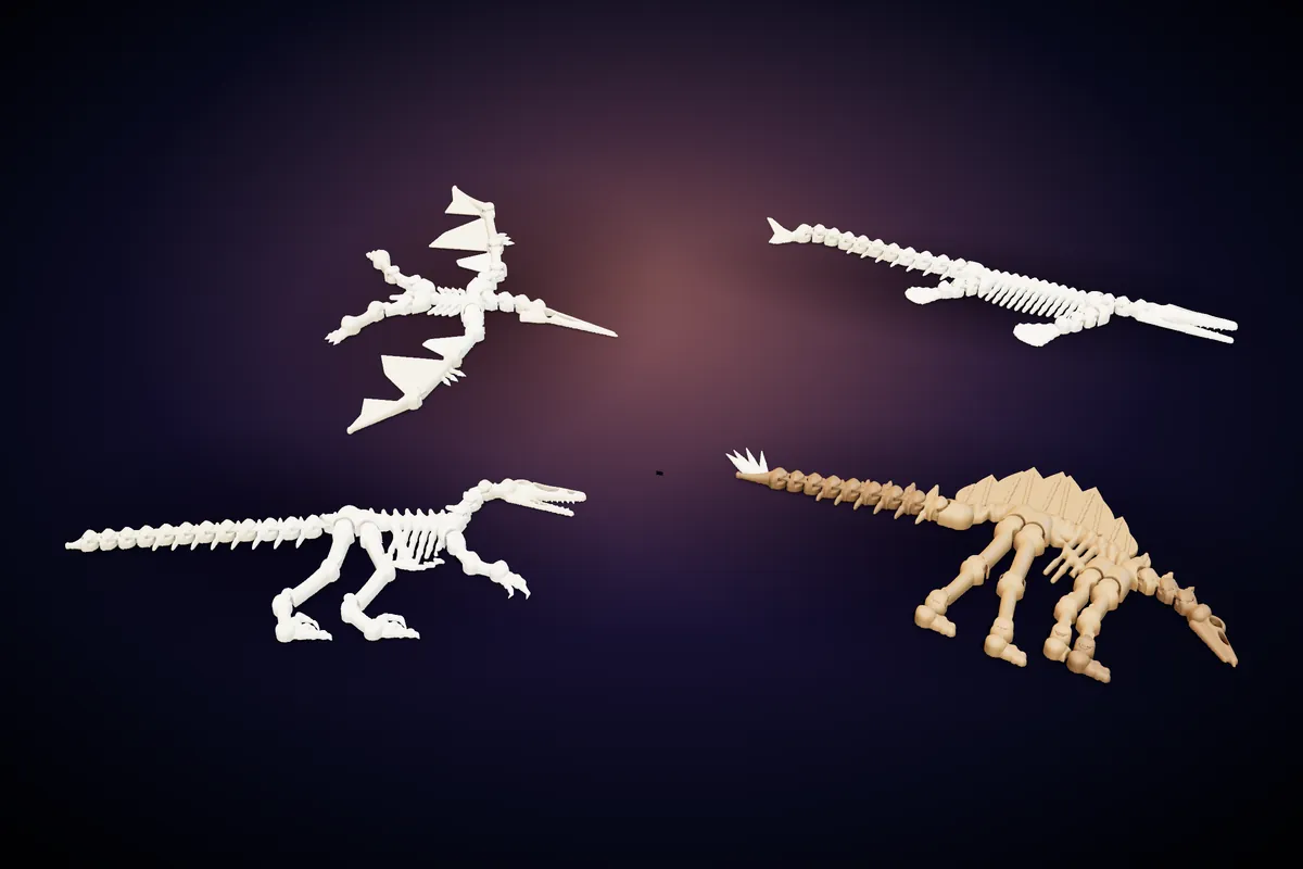 Four articulated dinosaur skeletons: velociraptor, stegosaurus, pterodactyl and mosasaurus