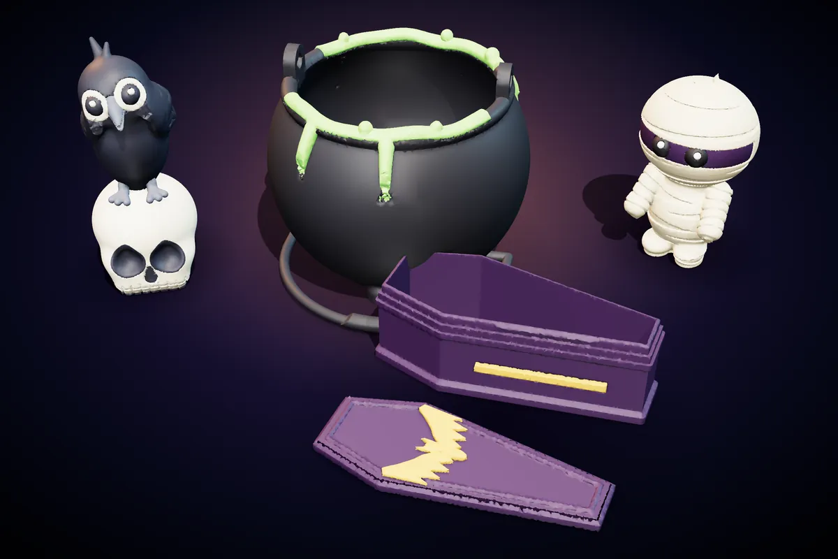 A black cauldron, a raven on a skull, a purple coffin box and a little mummy