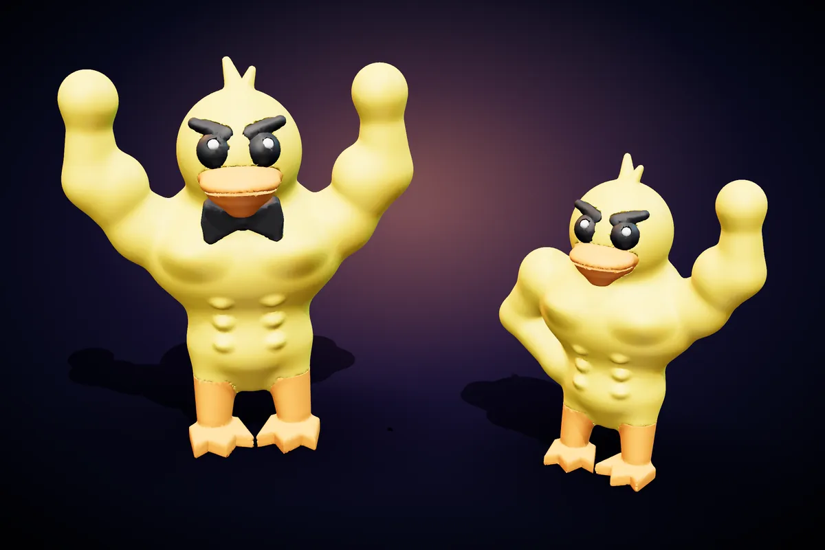 Two yellow muscle ducks flexing their biceps