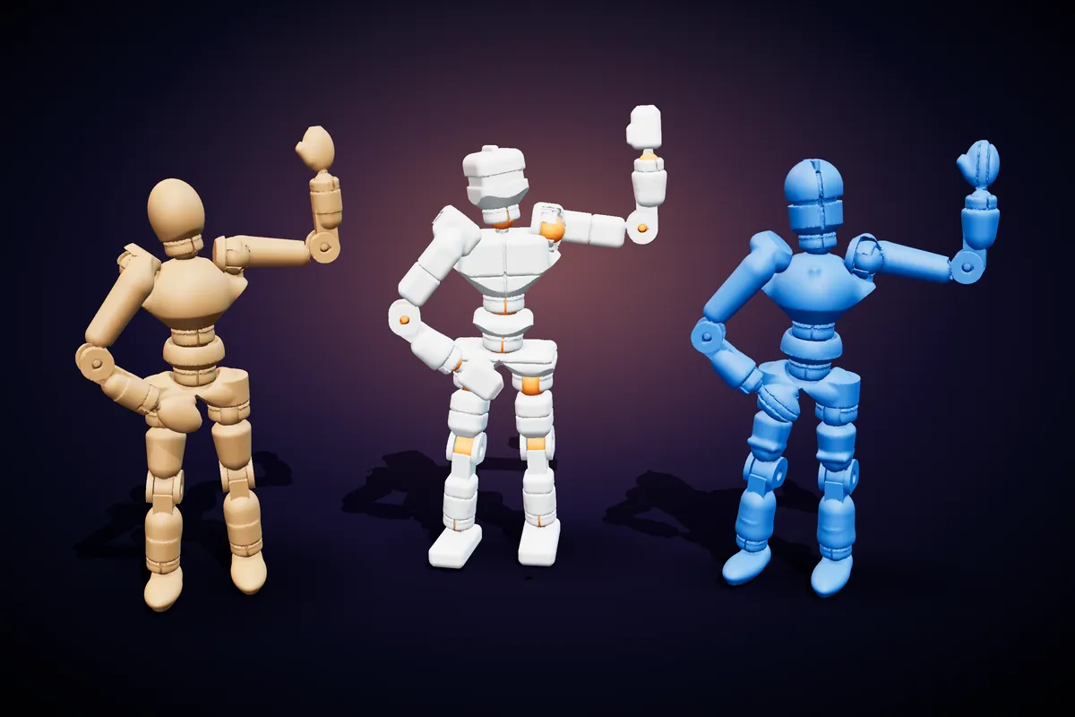 Three poseable figures waving: a wood-colour mannequin, a white robot and a blue knight