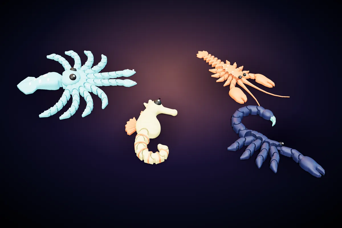 An articulated teal kraken, an orange lobster, a seahorse and a blue scorpion