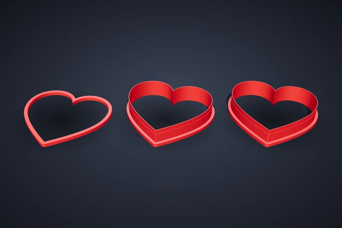 La stessa formina a cuore con uno, tre e sei strati di parete attivi